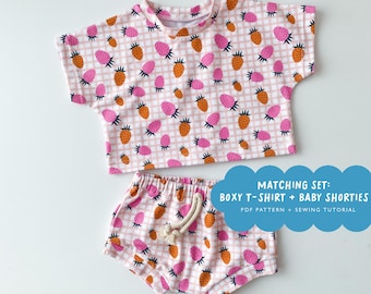 Matching set - boxy tshirt + baby shorties PDF pattern | Baby and kids sewing pattern - 10 sizes | Baby sewing set top and bottom pattern