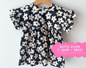 Ruffle Dress & T-shirt PDF pattern | top sewing pattern | baby and kids pattern available in 10 sizes | T-shirt with frill sleeve