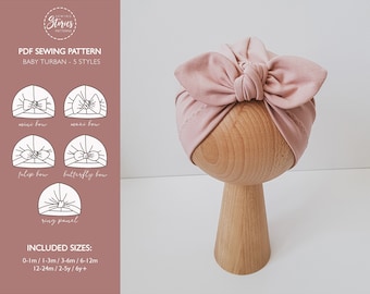 Turbante para bebé - Patrón PDF de 5 estilos / gorro de costura para bebés y niños con lazo / gorro con nudo superior / Patrón PDF para niños / Patrón de costura de turbante