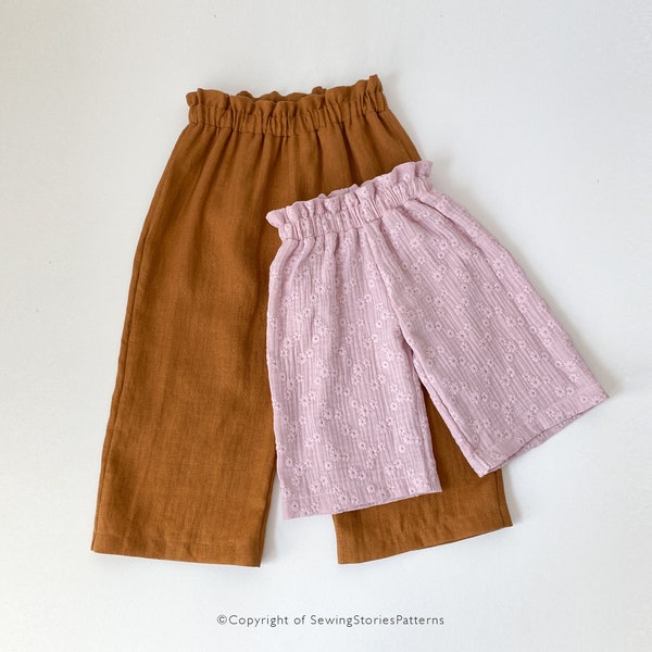 Modèle PDF de pantalon à jambes larges | Patron de couture jupe-culotte | Pantalon paperbag ou taille régulière | Patron de couture pour enfants, tout-petits et bébés - 10 tailles