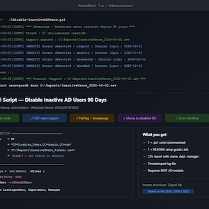 Op de afbeelding: Een digitaal productoverzicht voor een PowerShell-script dat inactieve Active Directory-gebruikers na 90 dagen uitschakelt. De afbeelding toont een donkere terminalinterface met codefragmenten, configuratie-instellingen en een samenvatting.