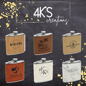6 oz Leather Flask | Personalized Laser Engraved | Wedding Party | Custom Design | Groomsmen Gift | Gift For Him | Father&#39;s Day | Bulk Order