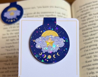 Sun, Moon & Star Sky Design Bookmark | Holographic Bookmark | Double-Sided | Fantasy Bookmark | Gifts for Readers | Blue and Gold Bookmark