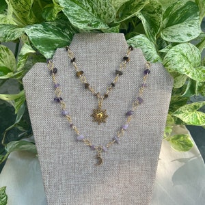 Custom Gold Wire Wrapped Crystal Necklace with Sun Moon Charm
