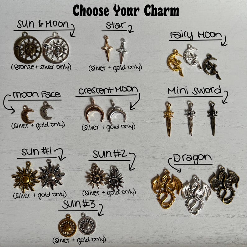 May include: A selection of silver and gold charms for jewelry making. Charms include a sun and moon, a star, a fairy moon, a moon face, a crescent moon, a mini sword, a dragon, and three different sun charms.