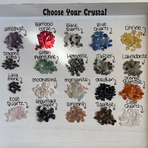 May include: A chart with 16 different types of crystals, each labeled with its name. The crystals are arranged in rows and columns, and each type is represented by a small pile of crystals.