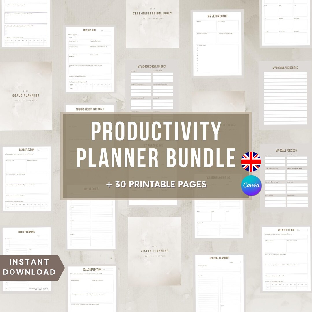 Productivity Planner Bundle 2025 | Vision Board, Goals, Self-reflection ...