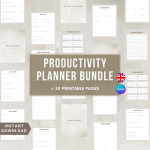 Op de afbeelding: Een productiviteits-plannerbundel met 30 printbare pagina's. De bundel bevat pagina's voor het stellen van doelen, het plannen van visie, dagelijkse planning, wekelijkse reflectie en meer. De pagina's zijn ontworpen in een minimalistische stijl met een witte achtergrond en zwarte tekst. De bundel is beschikbaar voor directe download.