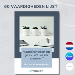 Op de afbeelding: Een blauwe en witte grafiek met de tekst "60 VAARDIGHEDEN LIJST" bovenaan. De tekst "Vaardigheden op je cv, welke en waarom?" staat in het midden van de grafiek. Onder de tekst staat de tekst "Lijst met 60 vaardigheden". Onderaan de grafiek staat de tekst "CVhelpdesk" en een klein logo. De grafiek bevat ook een kleine Nederlandse vlag, een Canva-logo en de tekst "9 PAGINA'S".