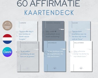 May include: A set of 60 affirmation cards with blue and white backgrounds. The cards are divided into four categories: Career, Personal Branding, Dream Job, and Applying for Jobs. Each card features a positive affirmation in Dutch.