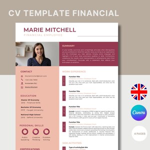 Op de afbeelding: CV-sjabloon voor financieel medewerkers met foto, contactgegevens, opleiding, persoonlijke vaardigheden en werkervaring. Het sjabloon heeft een moderne lay-out en een kleurenschema van roze en grijs.