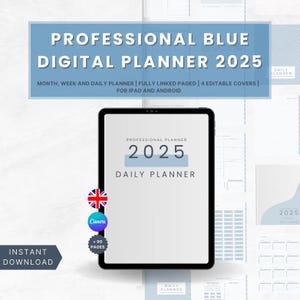 Op de afbeelding: Een digitale planner voor 2025, weergegeven op een tablet. De planner is blauw en wit, met de tekst "Professional Blue Digital Planner 2025". Kenmerken zijn maand-, week- en dagplanning, volledig gekoppelde pagina's en 4 bewerkbare covers. Bevat 90 pagina's.
