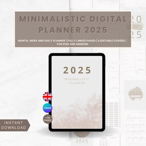 Op de afbeelding: Een digitale planner voor 2025 met een minimalistisch ontwerp. De omslag heeft een beige aquarel achtergrond met de tekst "2025 Minimalistic Planner". De planner is compatibel met iPad en Android apparaten en bevat 90 pagina's.