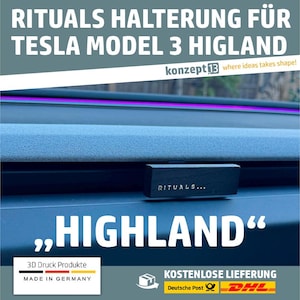 Könnte beinhalten: Ein schwarzes Autoteil mit dem Text "RITUALS..." und "HIGHLAND" in weiß gedruckt. Der Text "3D Druck Produkte MADE IN GERMANY" ist auf einem weißen und roten Etikett gedruckt. Der Text "KOSTENLOSE LIEFERUNG Deutsche Post DHL" ist auf einem weißen Etikett mit einem roten und gelben DHL-Logo gedruckt.