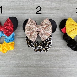 Minnie Mouse Ears Scrunchies | Mickey Mouse Ears Scrunchies | Sequin Bows | Disney Scrunchy | Hair Ties | Glitter Bow