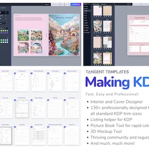 May include: A digital design interface displays a shopping planner layout with watercolor illustrations of a village and landscape. The image also shows various planner templates and the text "Making KDP" with features like interior design and templates.