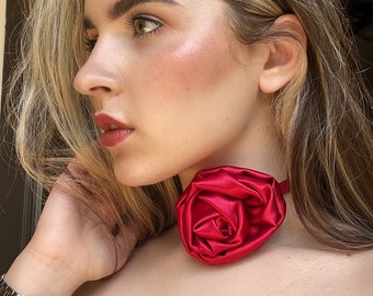 Red Satin Rose Choker with ribbon, Vintage Rose Flower Choker Necklace Handmade