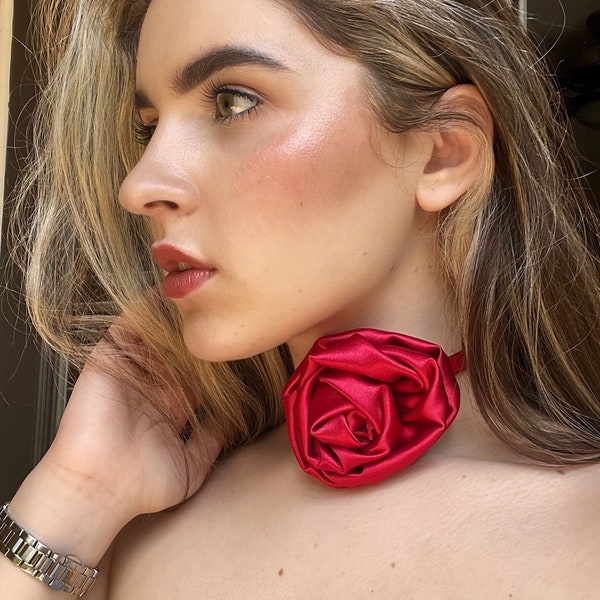 Red Satin Rose Choker with ribbon, Vintage Rose Flower Choker Necklace Handmade