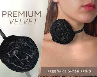 Black Velvet Rose Choker, Vintage Rose Flower Choker Necklace Handmade, Rosette Choker