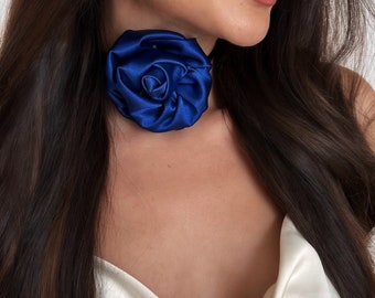 Navy Blue Satin Rose Choker - Handcrafted Vintage-Style Floral Jewelry for Timeless Elegance and Grace