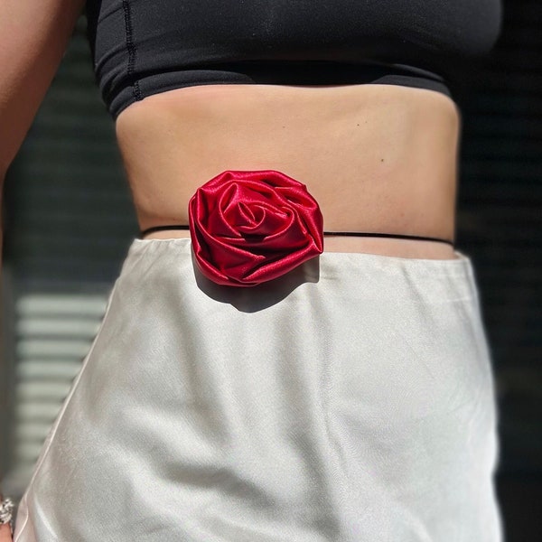 Red Satin Rose Belt  , Vintage Rose Flower Choker Necklace Handmade, Satin Flower Victorian choker Hair tie Silk belt Trendy Belly Chain