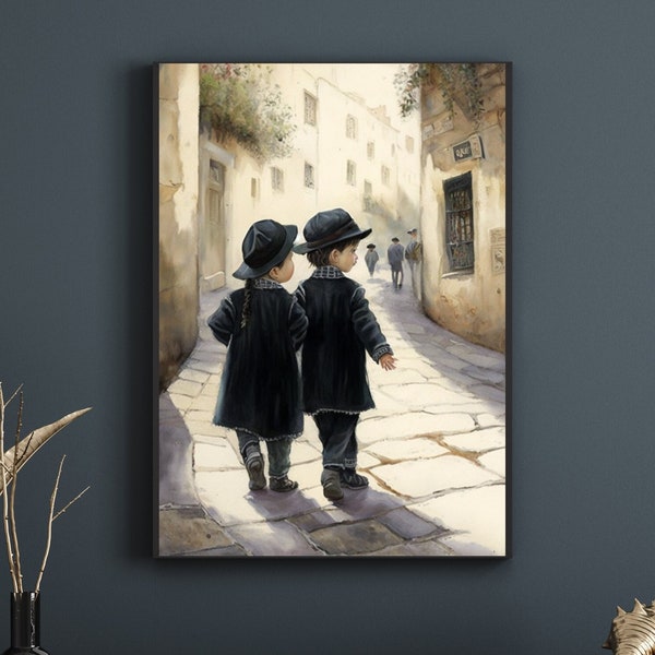 Sibling love and the ancient charm of Jerusalem - Judaica Wall art Jewish Modern Art/ Canvas Prints/Jerusalem Prints/Israel Artist