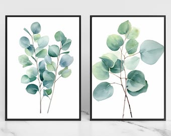 May include: Two watercolor paintings of eucalyptus branches with green leaves on a white background.