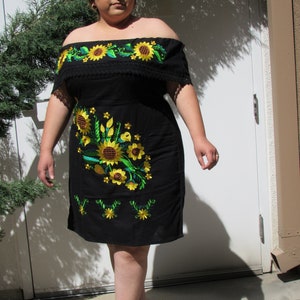 Mexican Traditional Dress. Floral Embroidered Dress. Mexican Fiesta Dress. Lace Trim Off the Shoulder Dress.