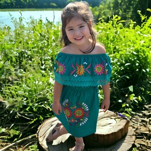 Mexican Girls Dress Teal Traditional Mexican Toddler Dress Embroidered Handmade Different Sizes