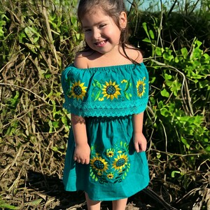 Mexican Girls Dress Teal Traditional Mexican Toddler Dress Embroidered Handmade Different Sizes
