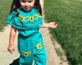 Mexican Girls jumpsuit Traditional Mexican Toddler Sunflower jumpsuit   Embroidered Handmade Different Sizes
