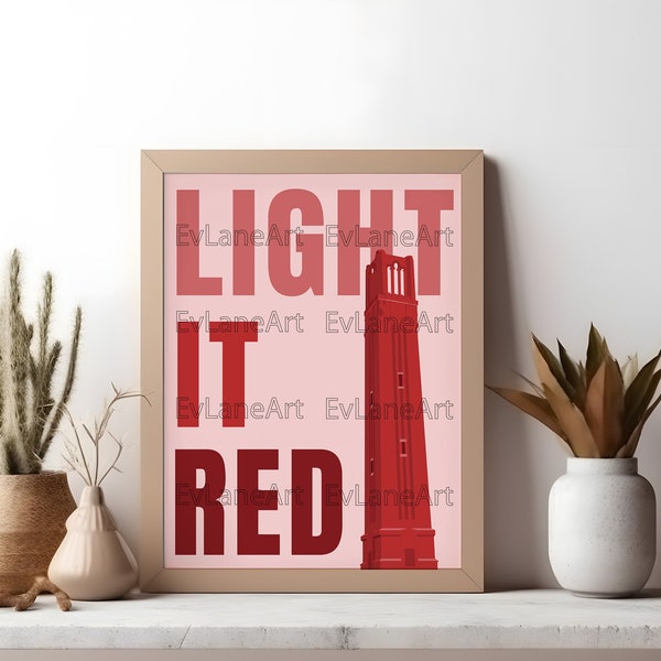 NC State Bell Tower "Light It Red" Poster, Trendy College Poster, Wolfpack, North Carolina State University, Aesthetic Dorm Decor