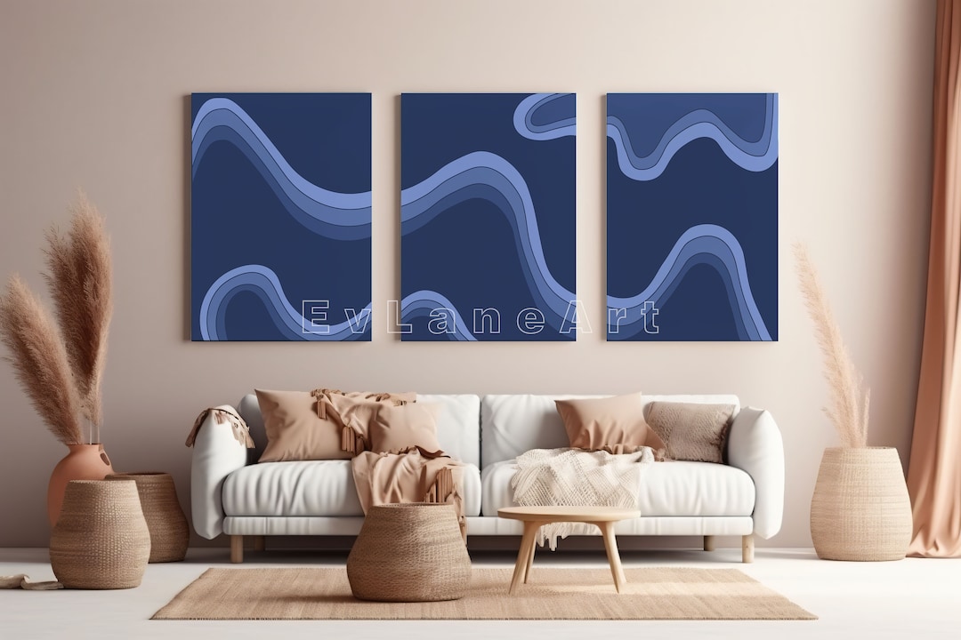 Navy Blue Wavy Wall Art, Aesthetic Room Decor, Retro Poster, Line Art ...