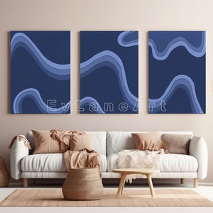 Navy Blue Wavy Wall Art, Aesthetic Room Decor, Retro Poster, Line Art, Dorm Decor, Apartment Decor, Trendy Wall Art, DIGITAL DOWNLOAD
