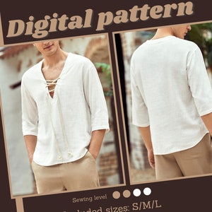 Men's minimalist shirt sewing pattern, sizes S, M and L, V-neck and cord shirt digital pattern.