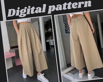 Wide leg trousers sewing pattern, Skirt pants digital pattern, sizes S-3XL