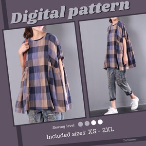 Boxy Top Sewing Pattern, Oversized boho top PDF download - Sizes XS-XXL, Digital Pattern