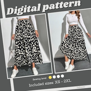 May include: Digital sewing pattern for a black and white leopard print skirt. The pattern includes sizes XS - 2XL and is rated as an easy sewing project.