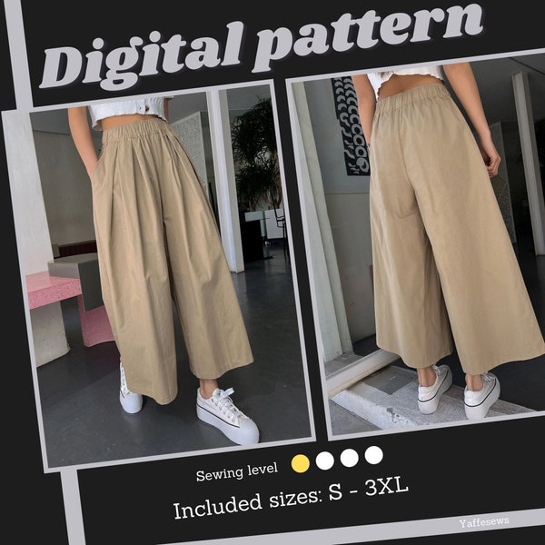 Wide leg trousers sewing pattern, Skirt pants digital pattern, sizes S-3XL