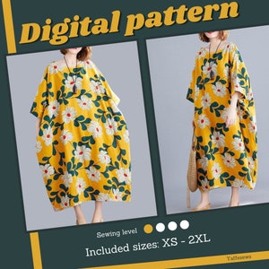 Oversized boho dress sewing pattern, sizes XS-2XL, instant PDF download