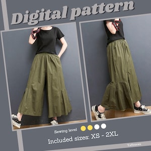 May include: Digital sewing pattern for wide-leg, green culottes with a ruffled hem. The pattern includes sizes XS to 2XL and is rated as an easy sewing project.