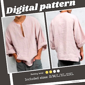 Men's boho Shirt sewing pattern, loose top for men with kangaroo pocket,  digital pattern sizes S - XXL