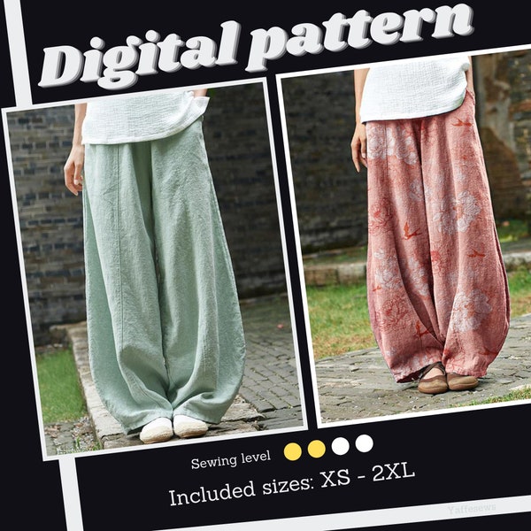 Patrón de costura de pantalones de pierna ancha, pantalones bombachos, descarga instantánea en PDF, tallas XS-XXL