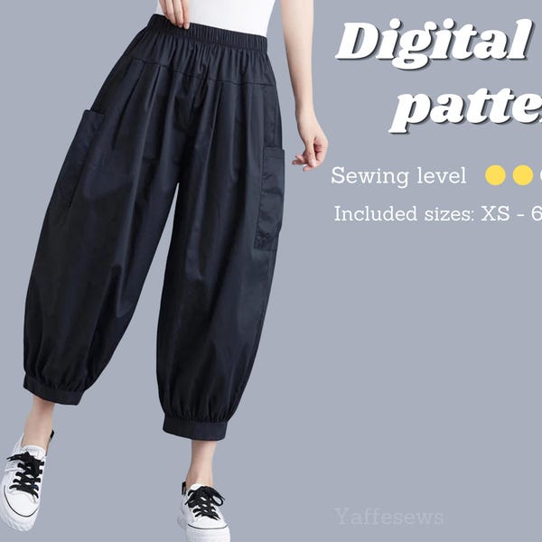 Harem Pants sewing pattern, Boho Pants, Wide leg Pants, sizes XS-6XL digital pattern, instant PDF download.
