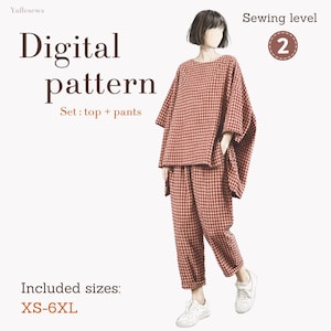Two piece set oversized top and cuffed pants sewing pattern, sizes XS-6XL, instant PDF download