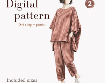 Two piece set oversized top and cuffed pants sewing pattern, sizes XS-6XL, instant PDF download