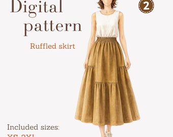 Ruffled Skirt Sewing Pattern, Tiered Midi Skirt Pattern, Elastic Waist Skirt PDF, Women Skirt Pattern, Digital Sewing Pattern