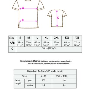 May include: Diagram of a men's t-shirt with size measurements in centimeters and inches. Includes a table with sizes S to 4XL, fabric recommendations, and fabric length needed based on 55" wide fabric.