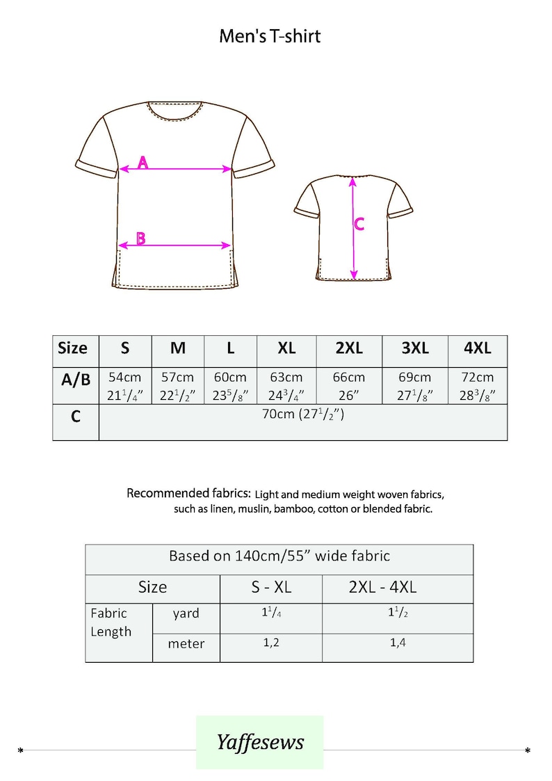 May include: Diagram of a men's t-shirt with size measurements in centimeters and inches. Includes a table with sizes S to 4XL, fabric recommendations, and fabric length needed based on 55" wide fabric.