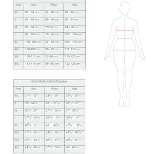 May include: Size chart with body measurements in centimeters and inches. Measurements include bust, waist, and hips for sizes XS to 4XL. A line drawing of a person is on the right. The text "Yaffesews" is at the bottom.